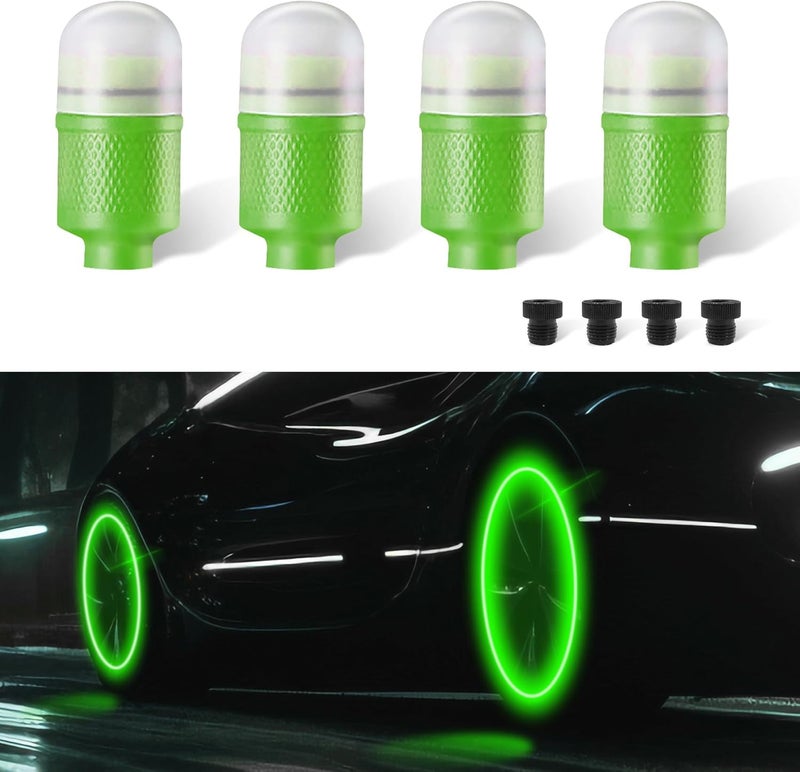 Lecctso 4PCS LED Tire Valve Cap Lights, Neon Spoke Flash Light Bulb Tire Valve Lights, Waterproof Wheel Tyre Valve Dust Cap, Cool Car Accessories Universal for Bike Motorcycle Truck (Green) - Image 1